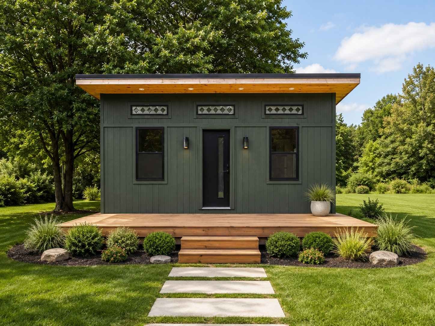 Big Little tiny home exterior at dusk
